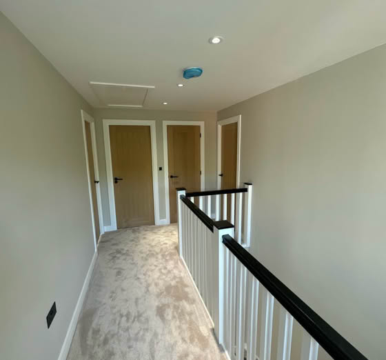 A carpeted hallway with beige walls, three closed wooden doors, and a white railing with black handrails.